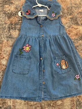 Next girls Denim Button-Front Dress with Embroidered Cat & Flowers